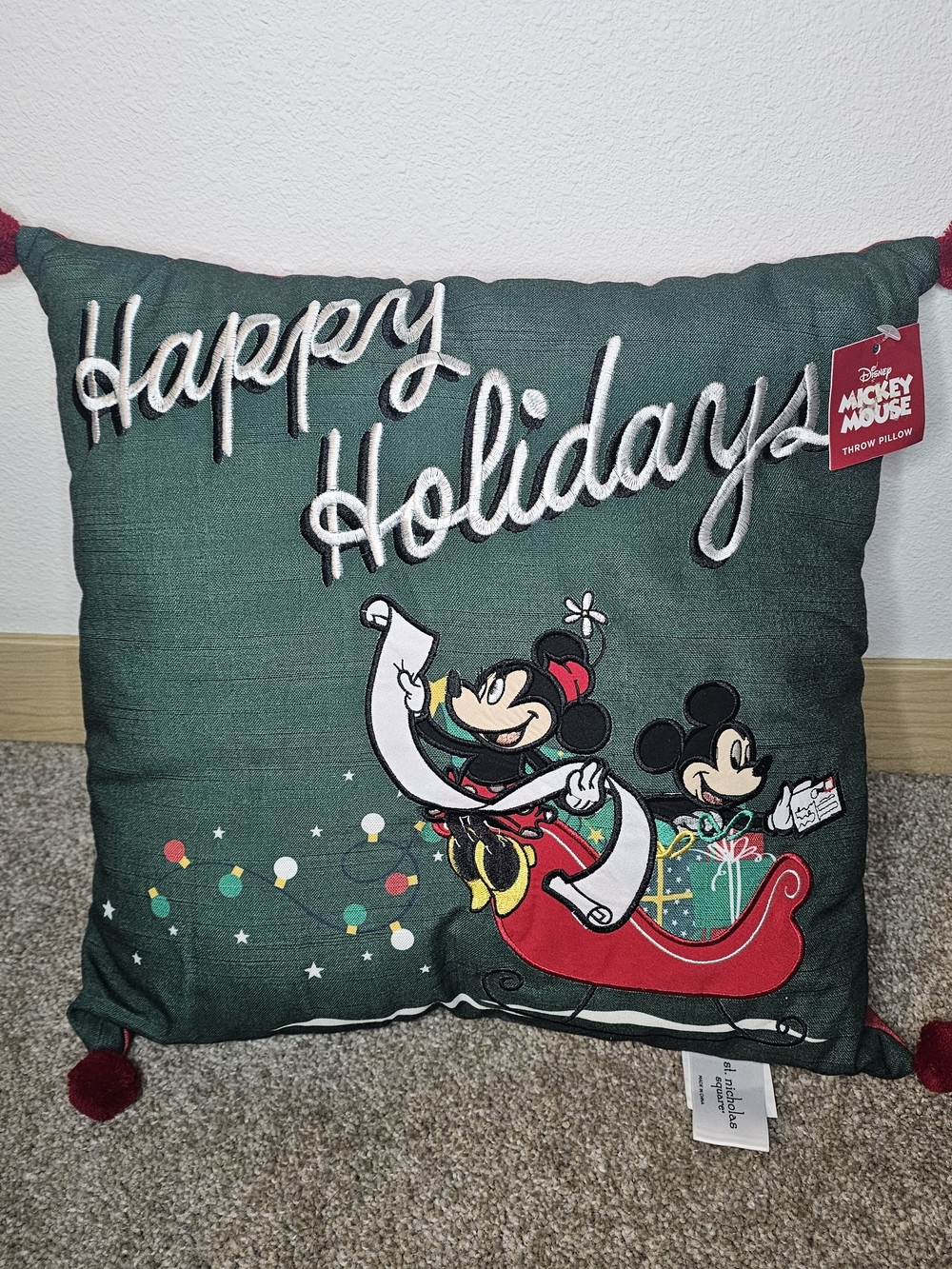 St. Nicholas Square Green Mickey & Minnie 'Happy Holidays' Throw Pillow